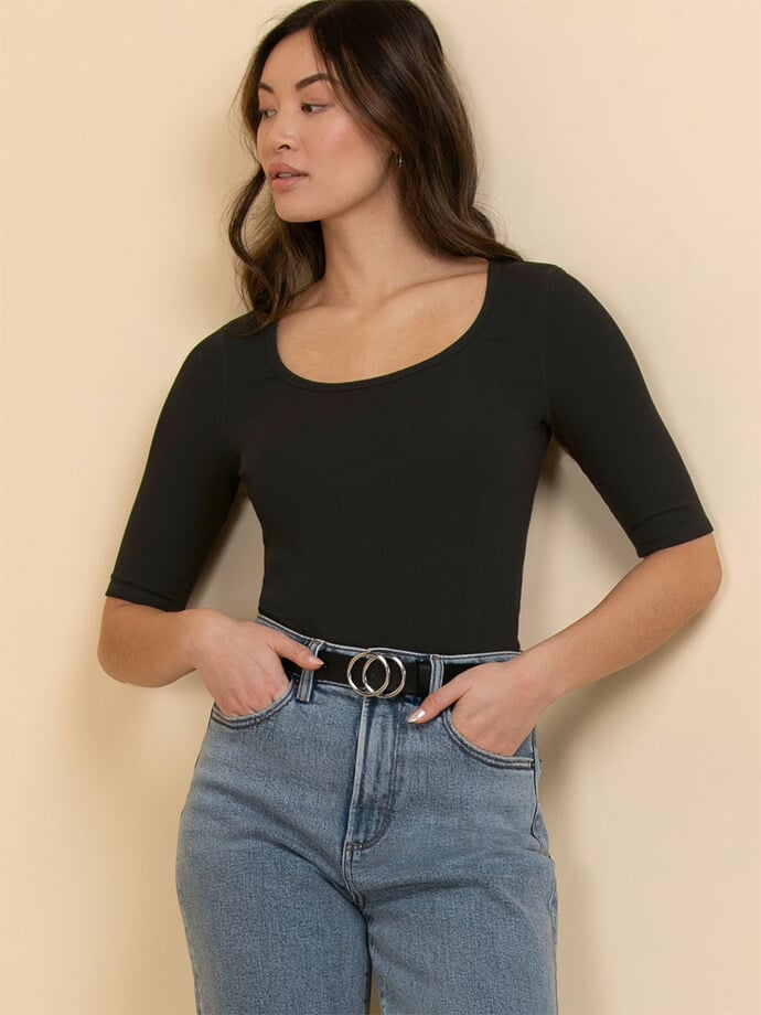 Ribbed Scoop Neck Top with Elbow Sleeves Image 1