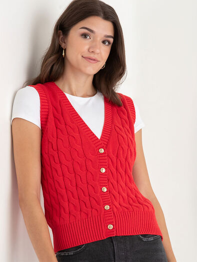 Button Front Cable Sweater Vest , Goji Berry Button Front Cable Sweater Vest , Goji Berry