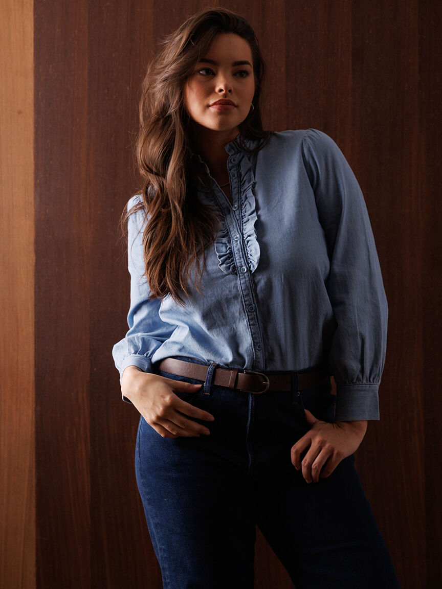 Ruffle Placket Long Sleeve Blouse | Rickis