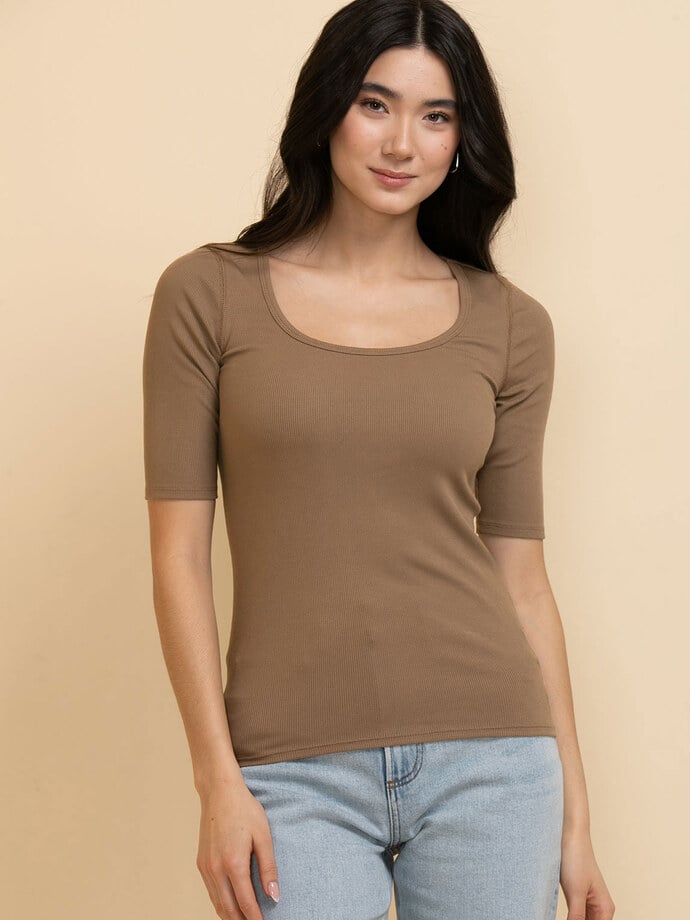 Ribbed Scoop Neck Top with Elbow Sleeves Image 3