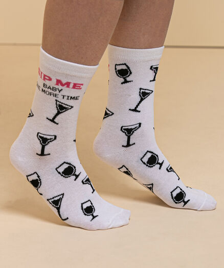 'Sip Me Baby' Socks, White/Black Print
