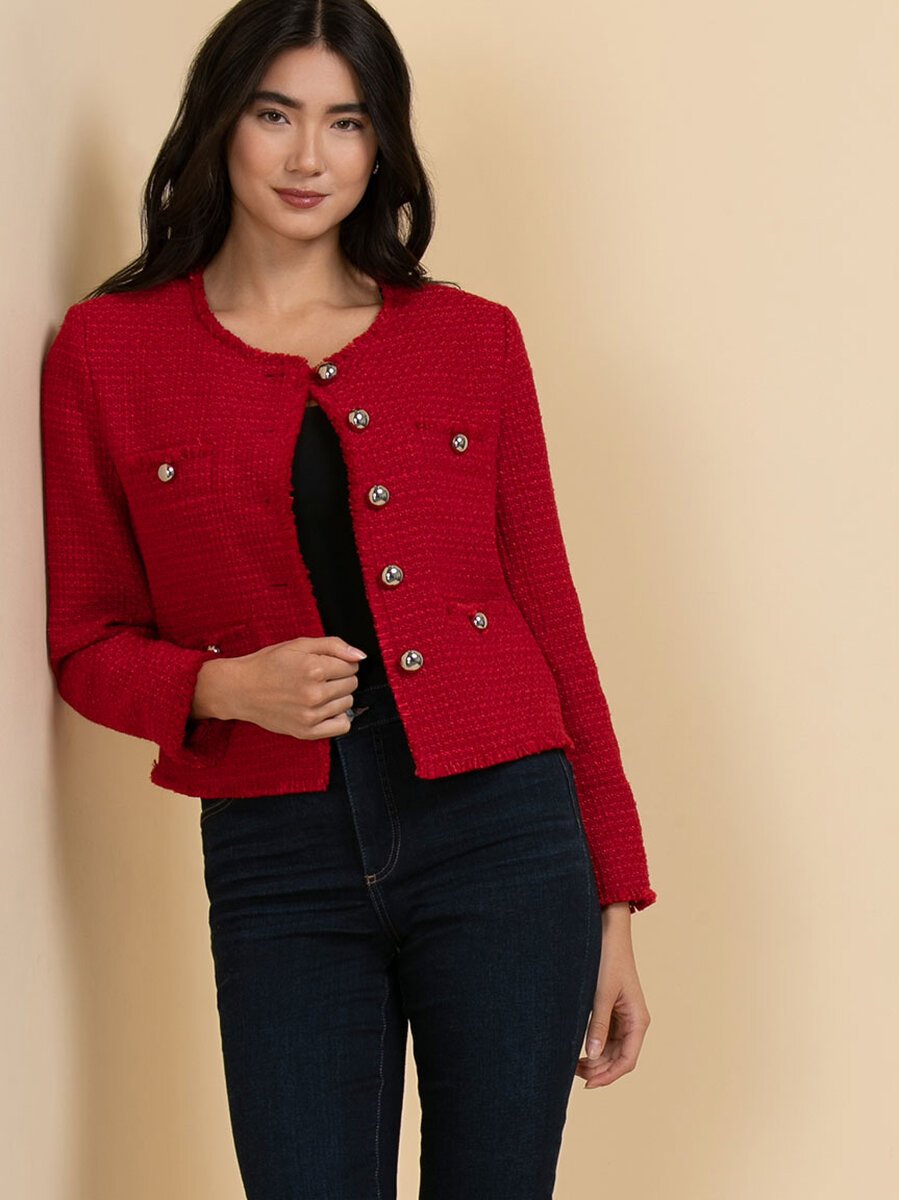 Cropped Boucle Blazer with Fringed Trim