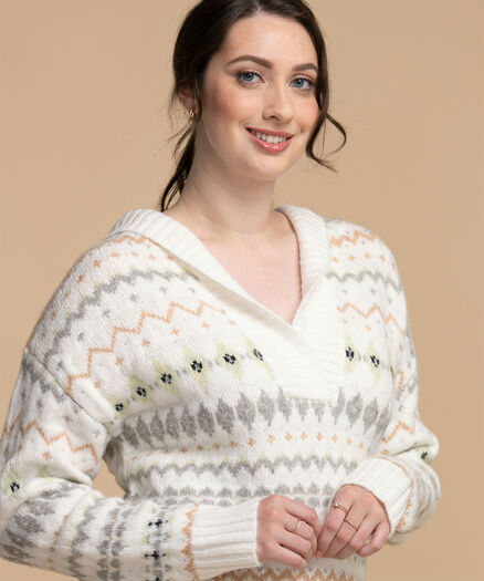 Hooded Fair Isle Sweater, White/Citron