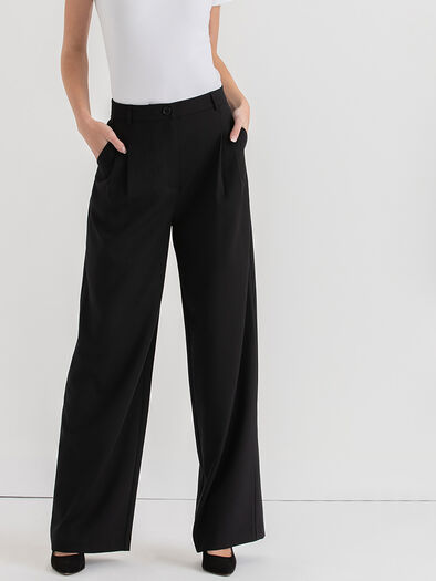 Maxwell Wide Leg Pleated Pant in Luxe Tailored, Jet Black