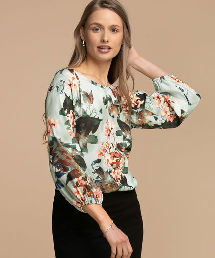 Long Puff Sleeve Scoop Neck Blouse, Mint Floral