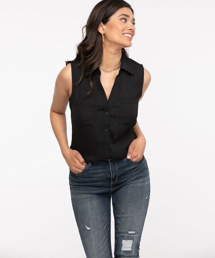 Sleeveless Collared Button Front Blouse, Black