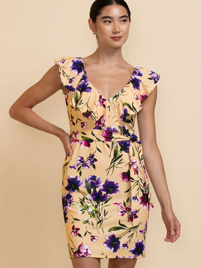 Ruffle Dress by Bebe, Yellow/Purple Floral