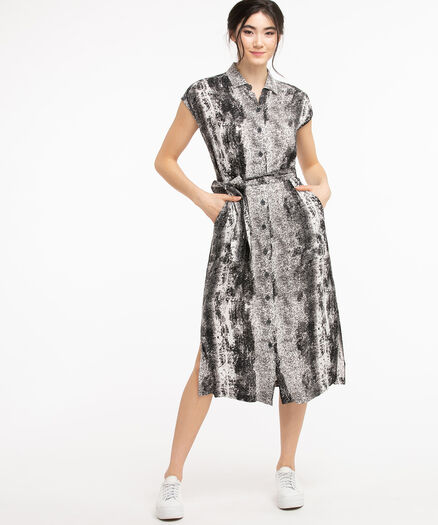Belted Button Front Shirt Dress, Black Marble