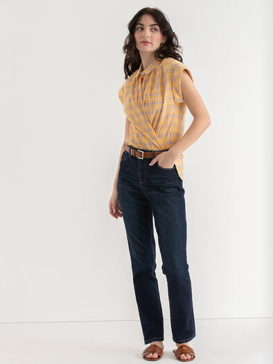 Relaxed Fit Yellow Plaid Button Up Blouse, Yellow Plaid Relaxed Fit Yellow Plaid Button Up Blouse, Yellow Plaid