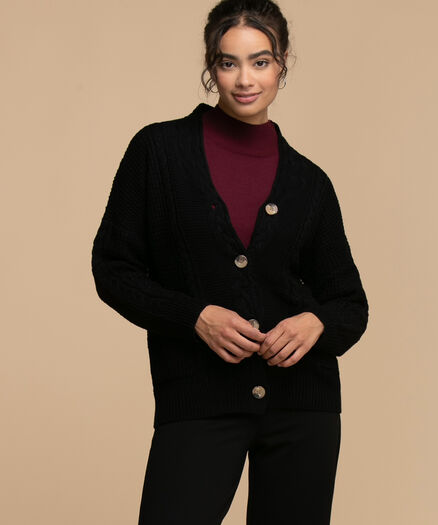 Guilty Button-Up Cable Knit Cardigan, Black Guilty Button-Up Cable Knit Cardigan, Black