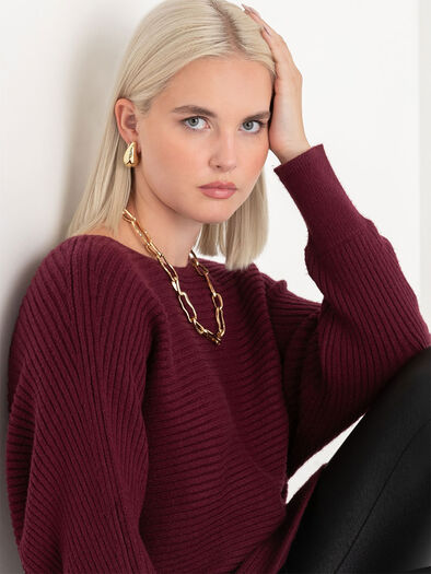Ribbed Asymmetrical Sweater, Windsor Wine Ribbed Asymmetrical Sweater, Windsor Wine