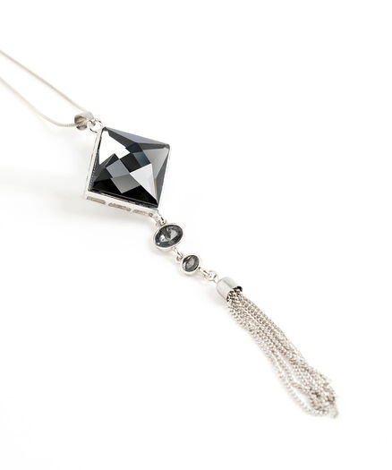 Long Diamond Stone Tassel Necklace, Silver/Black