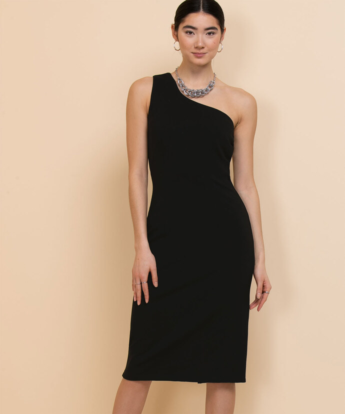 One Shoulder Black Midi Dress Image 1