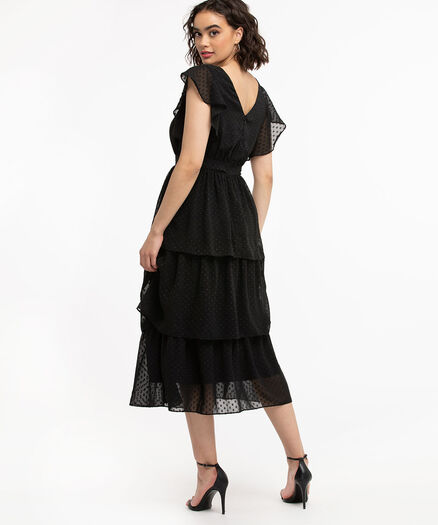 Tiered Flutter Sleeve Dress, Black