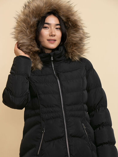Carlyn Coat with Detachable Fur & Hood, Black