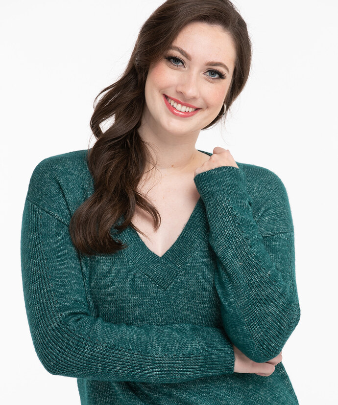 V-Neck Pointelle Sleeve Sweater Image 3