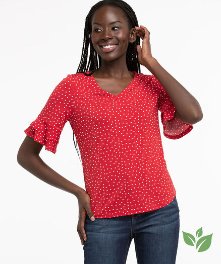 Eco-Friendly Flounce Sleeve Top, Red/White Dot