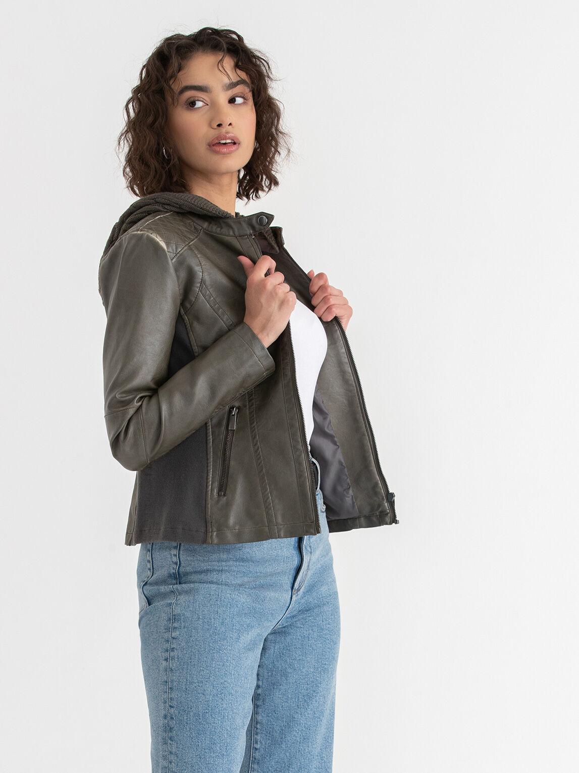 Hooded Faux Leather Jacket Rickis