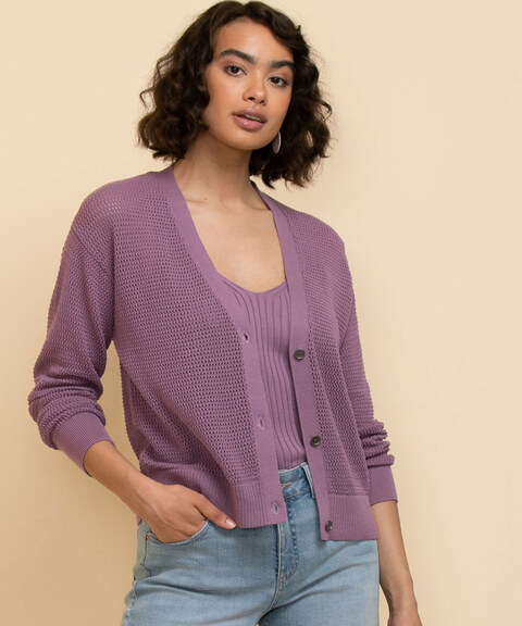 Open-Stitch Button-Front Cardigan