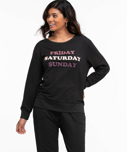 Scoop Neck Pullover Sweatshirt, Black/Friday/Saturday/Sunday