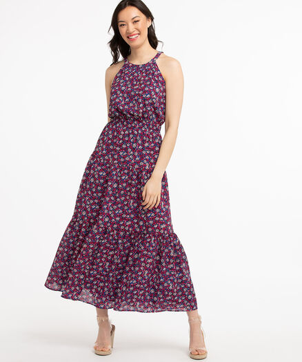 Tiered Halter Dress, Blue/Pink Ditsy Floral Tiered Halter Dress, Blue/Pink Ditsy Floral