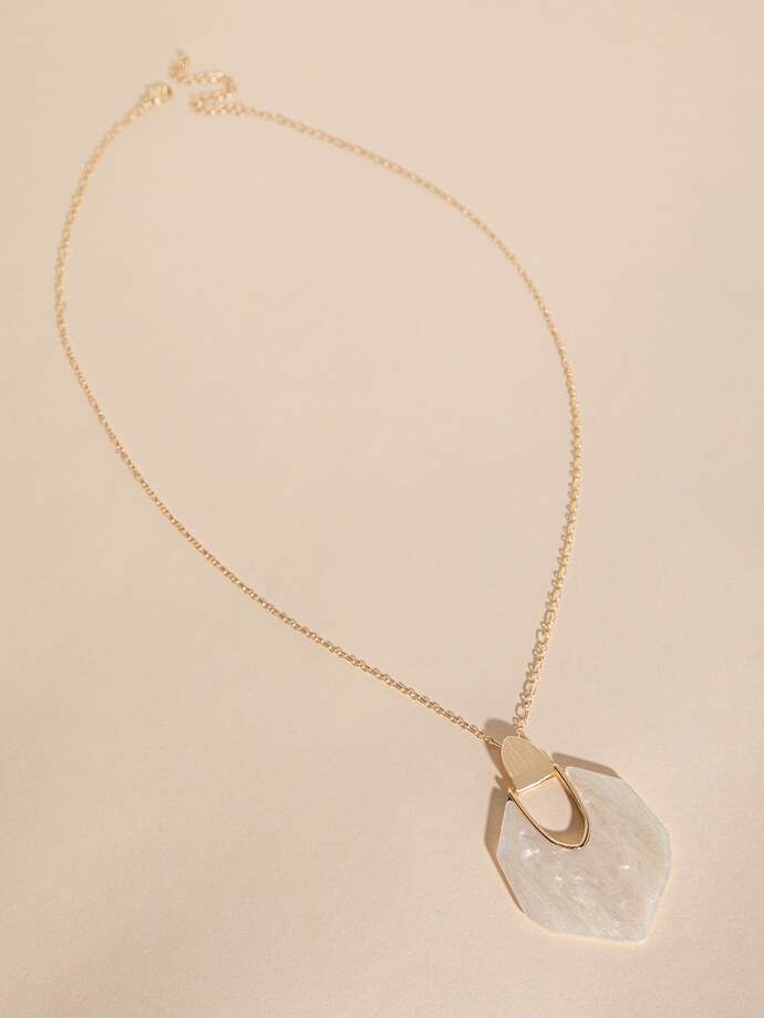 Long Gold Necklace with White Pendant Image 2