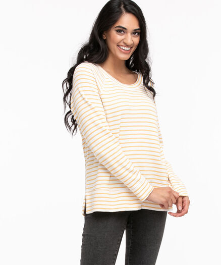 Long Sleeve Split Hem Pullover, Yellow Stripe Long Sleeve Split Hem Pullover, Yellow Stripe