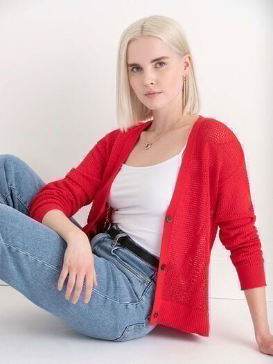 Open-Stitch Button-Front Cardigan, Mars Red Open-Stitch Button-Front Cardigan, Mars Red