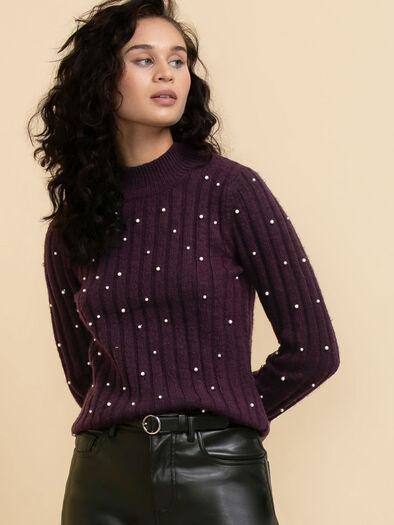 Wool-Blend Mock Neck Pearl Sweater, Purple/Pearls