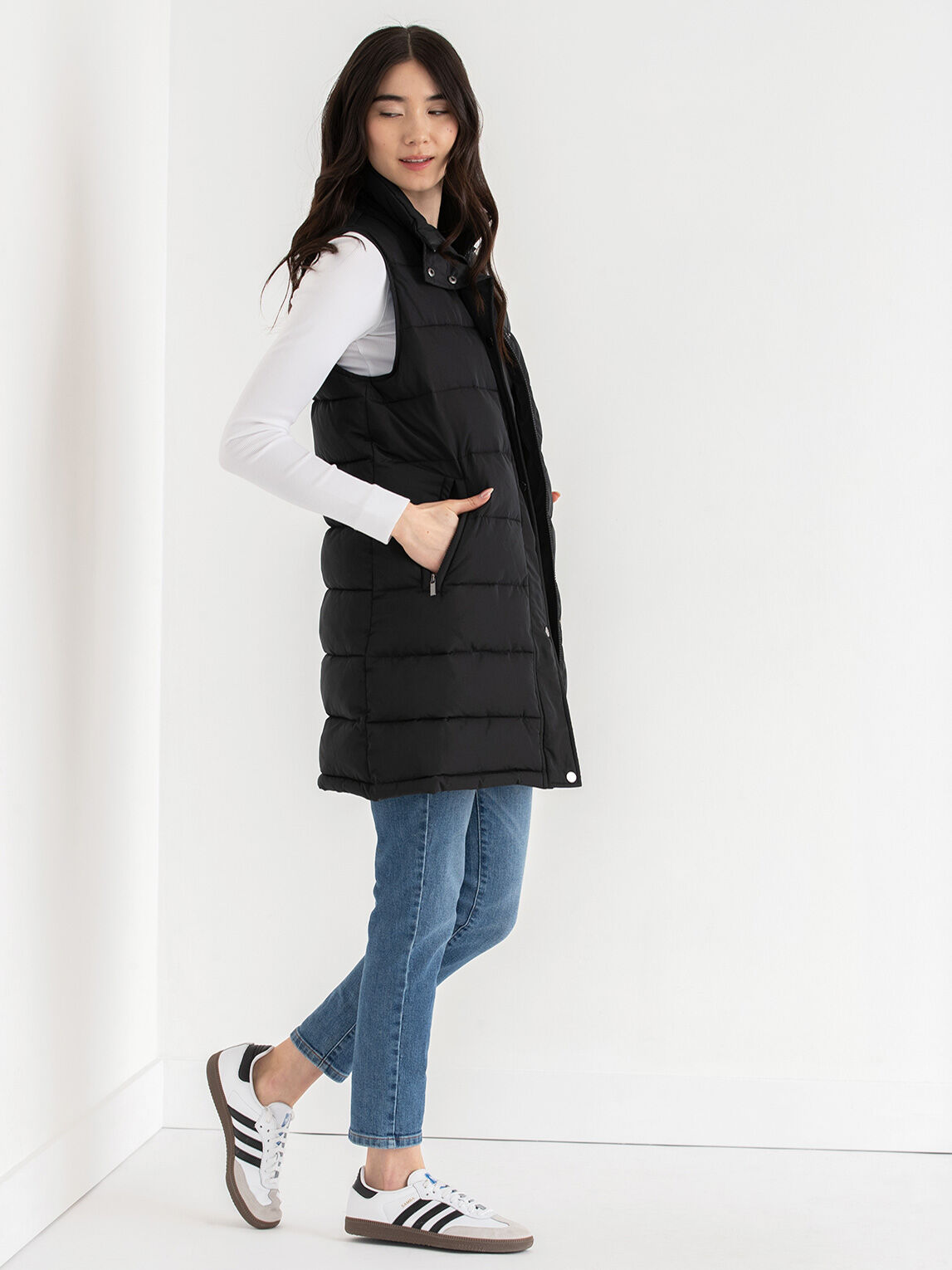 Carlyn Long Puffer Vest with Detachable Hood Fur Trim Rickis
