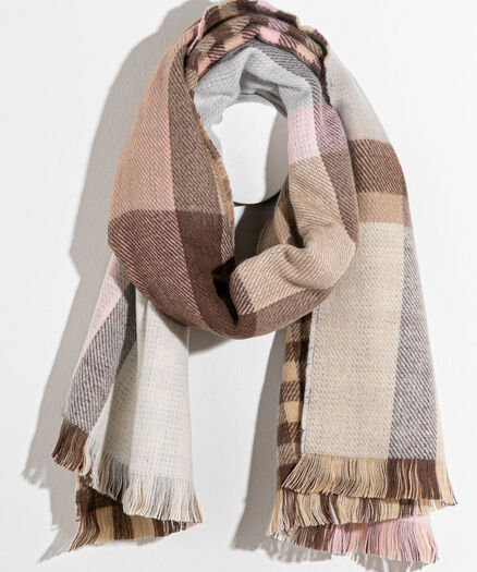 Reversible Plaid & Checkered Scarf, Beige/Pink/Brown/White Plaid