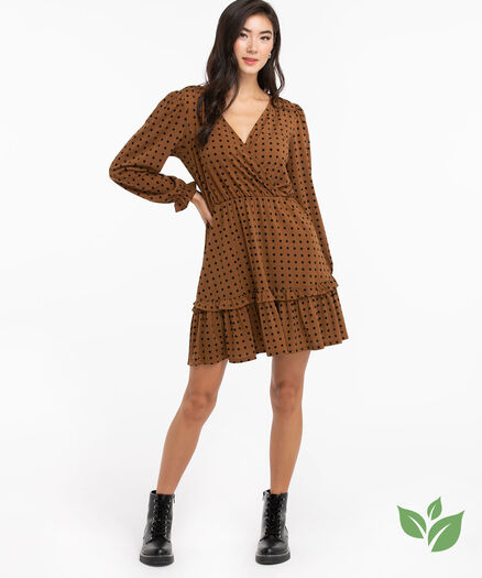 Eco-Friendly Tiered Crossover Dress, Brown Dot