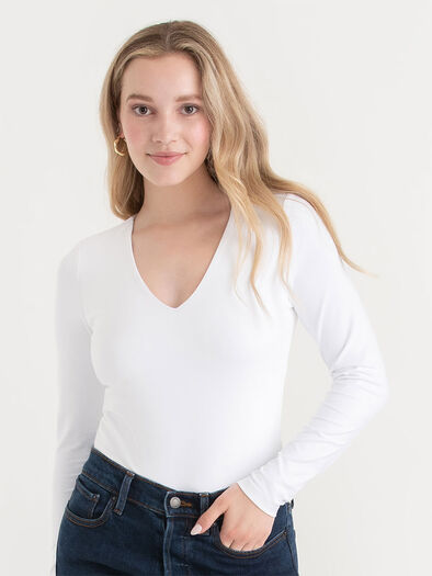 Long Sleeve V-Neck Bodysuit, White Long Sleeve V-Neck Bodysuit, White