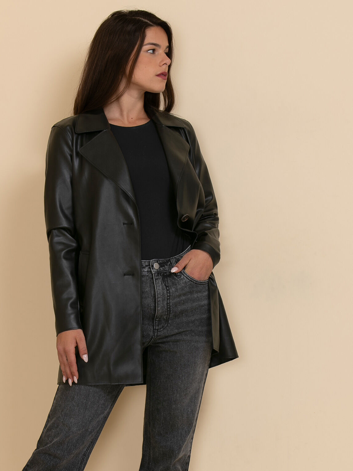 Belted Faux Leather Trench Coat Rickis