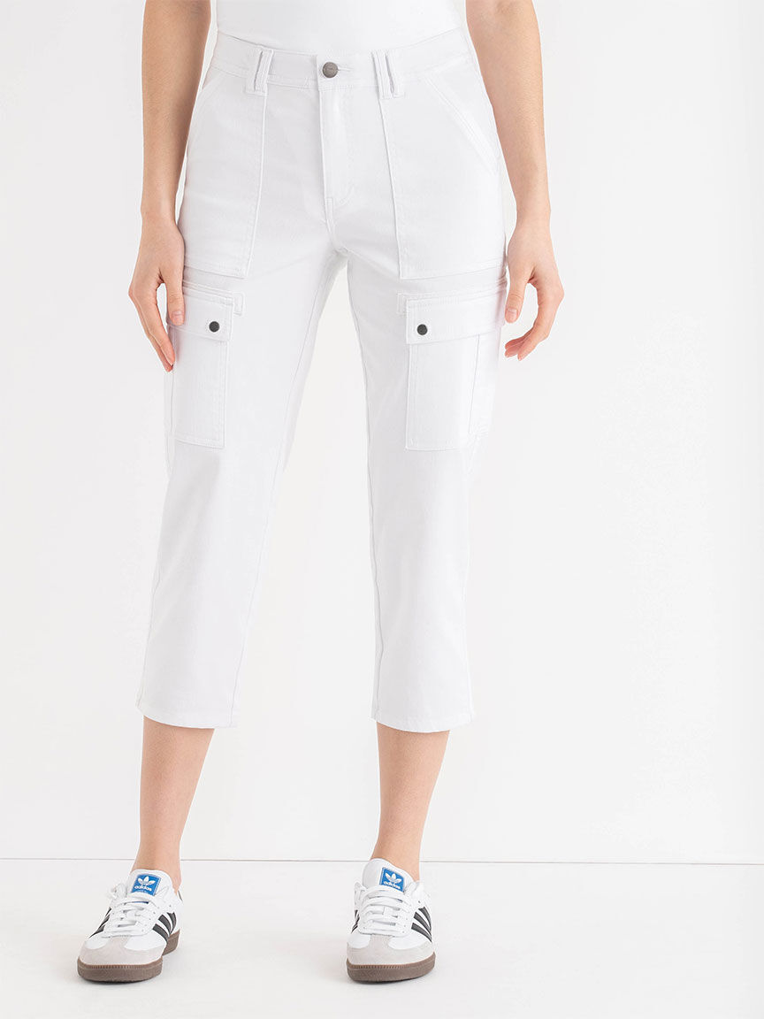 White cargo capri pants womens top