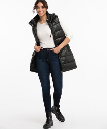 Faux Leather Longline Puffer Vest, Black Faux Leather Longline Puffer Vest, Black