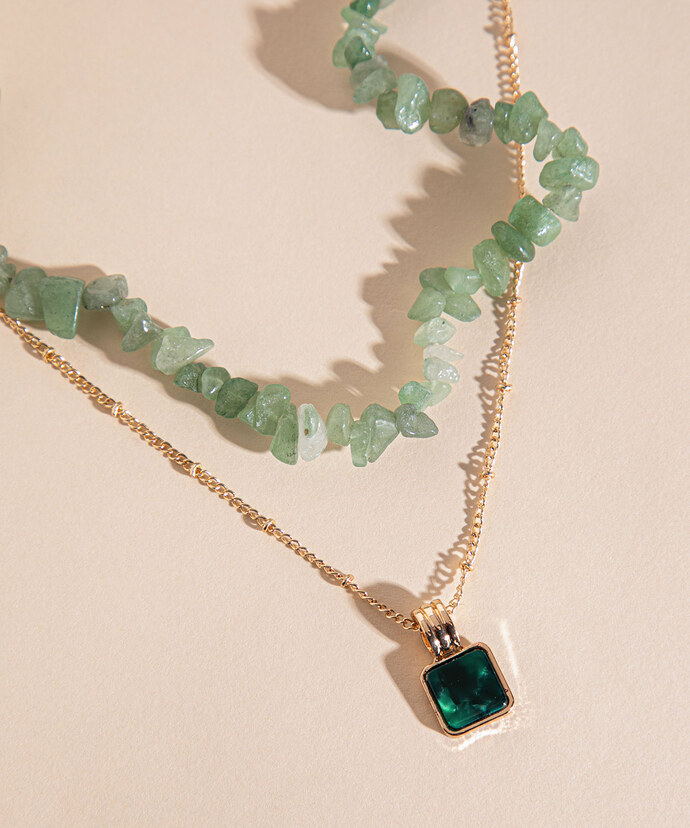 Layered Green Stone Necklace with Square Charm Image 2