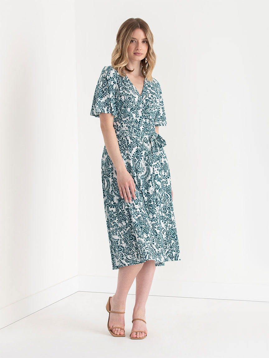 Short Sleeve Faux Wrap Midi Dress Rickis