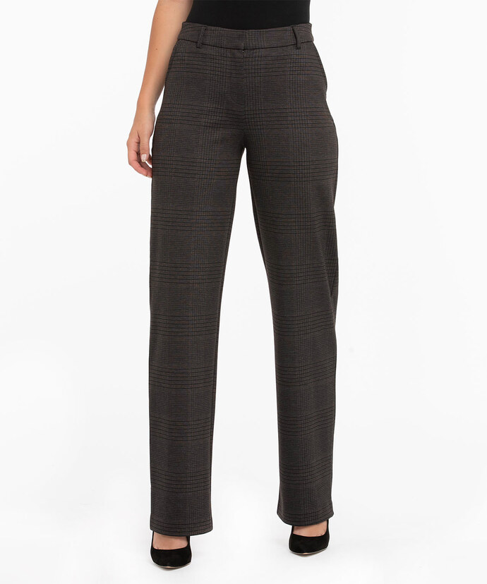 Ponte Fly Front Trouser in Charcoal/Brown Plaid Image 6
