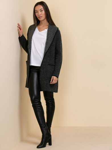 Wool-Blend Shawl Collar Cardigan, Dark Grey/Black Trim Wool-Blend Shawl Collar Cardigan, Dark Grey/Black Trim