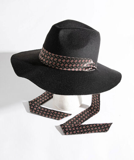 Satin Tie Wide Brim Hat, Black