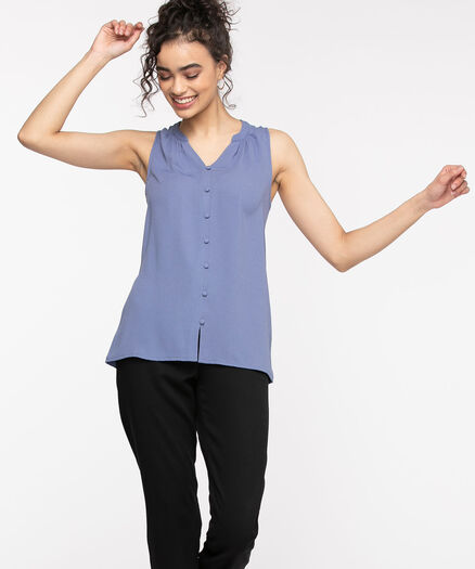 Sleeveless Ruched Button Front Top, Velvet Morning