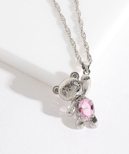 Teddy Bear Pendant Necklace, Silver/Pink