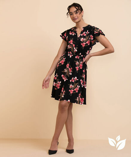 Flutter-Sleeve Dress with Tie-Waist, Coral Tropical Floral