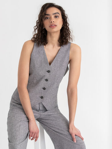 Fitted Linen Vest, Grey Melange Fitted Linen Vest, Grey Melange