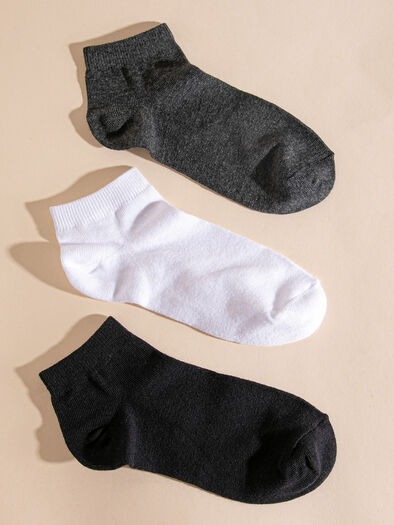 3-Pack Basic Ankle Socks, Black/White/Grey
