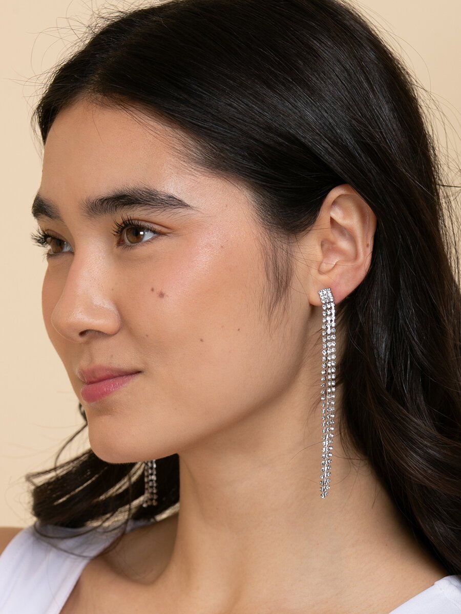 Long Silver 3-Strand Sparkle Earrings