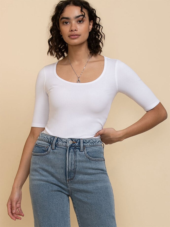 Ribbed Scoop Neck Top with Elbow Sleeves Image 1