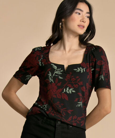 Puff Sleeve Square Neck Top, Cabernet/Green Floral Puff Sleeve Square Neck Top, Cabernet/Green Floral