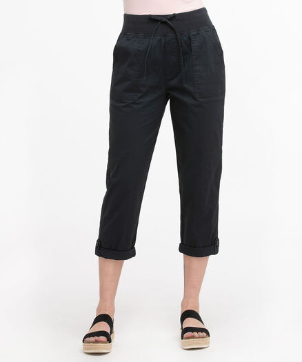 Poplin Drawstring Capri Pant, Black Poplin Drawstring Capri Pant, Black